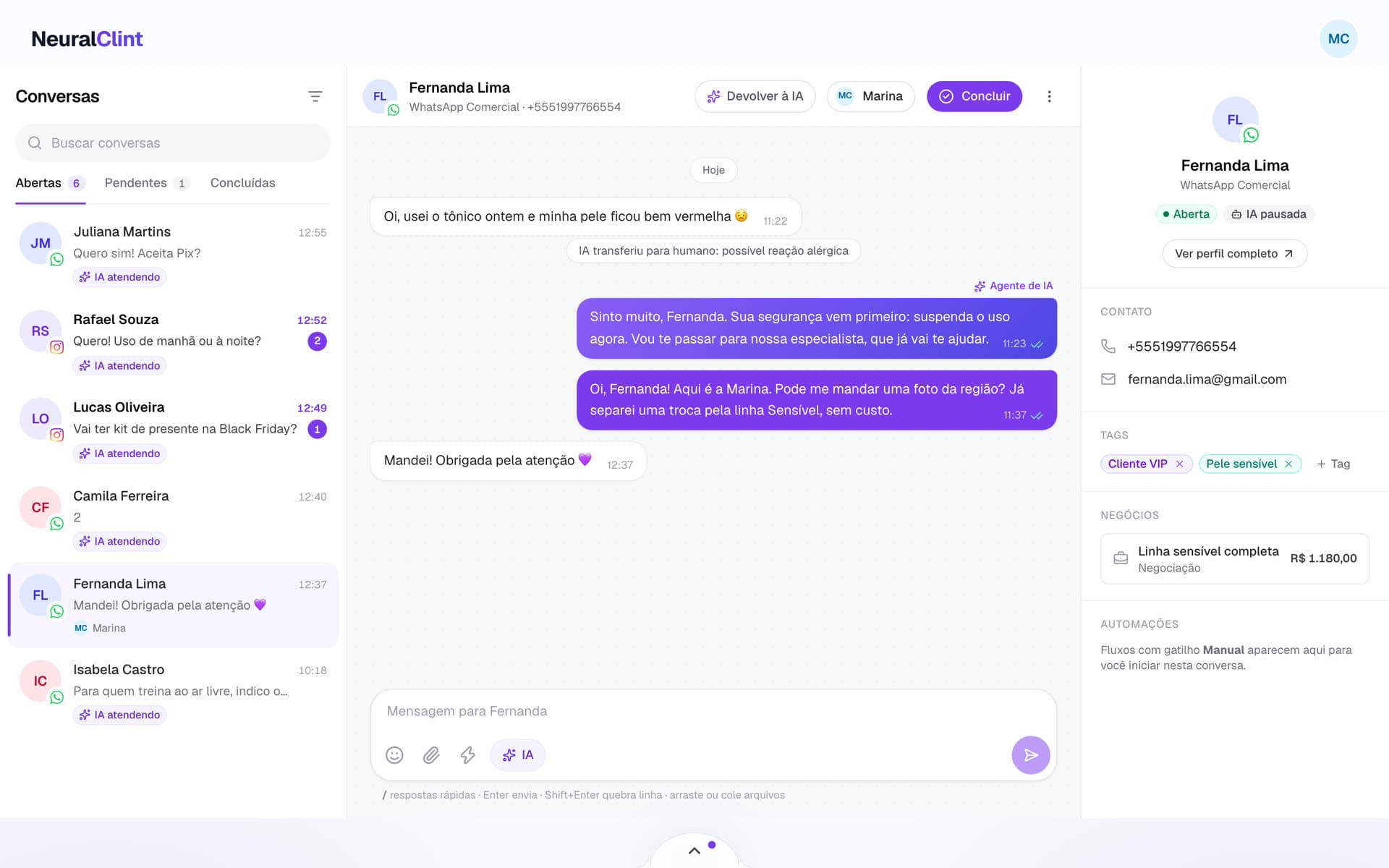 Conversa transferida para humano com nota interna da IA
