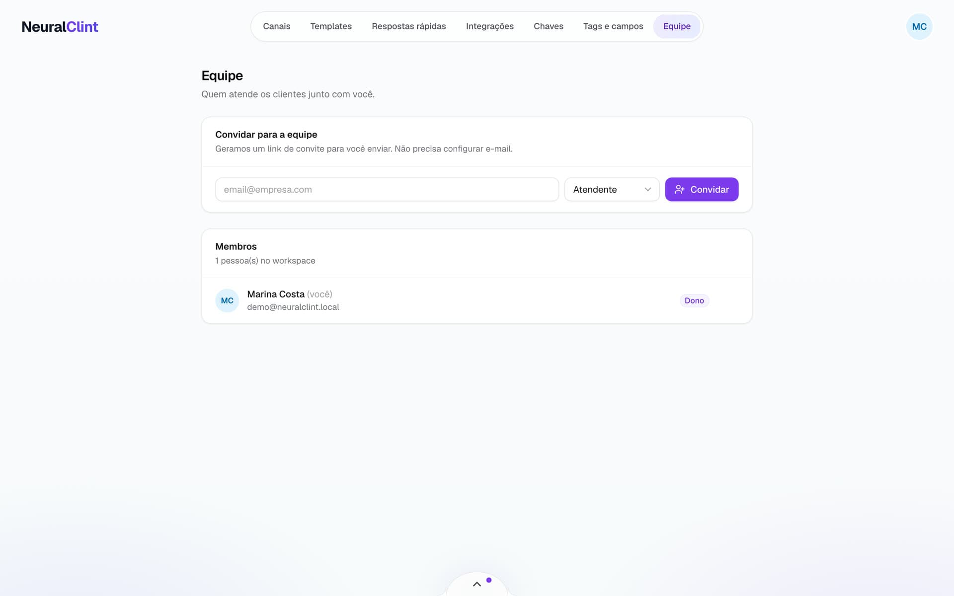 Página de equipe com convite e lista de membros